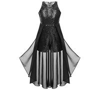 CHICTRY Junior Big Girls High Low Ruffle Dance Romper Gown Lace Wedding Prom Pageant Jumpsuit Sequin Black 15-16 Years