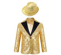 CHICTRY Kid Boys Sequins Lapel Blazer Tuxedo Suit Jacket Single Button Sport Coat Wedding Birthday Party Formal Suit with Hat Gold 9-10 Years