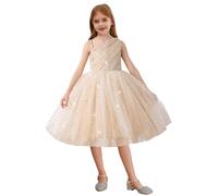 CHICTRY Kid Girl One Shoulder Princess Tutu Dress Sparkly Sleeveless Tulle Wedding Flower Girl Dress Champagne 5-6 Years