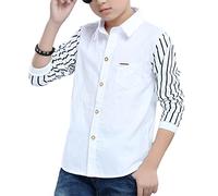 CHICTRY Kids Boy's Striped Print Long Sleeve Button Down Dress Shirt Patchwork Style Collared Sports Shirt Blouse School Top White 12-13 Years