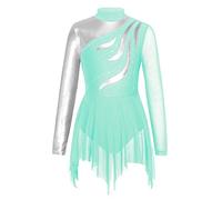 CHICTRY Kids Girls Ballet Latin Lyrical Jazz Salsa Dance Dress Mesh Long Sleeve Sequins Tassel Dance Dress Ballroom Dancewear U2 Blue-Green 9-10 Years