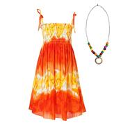 CHICTRY Kids Girls Bohemian Dress Self-Tie Straps Tropical Boho Floral Print Sundress Vintage Beach Dress with Necklace Orange 9-10 Years