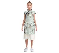 CHICTRY Kids Girls Cheongsam Costume Traditional Mandarin Collar Cap Sleeve Floral Print Dress Qipao Embroidery Party Dress Light Green 11-12 Years