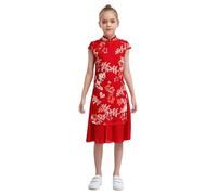 CHICTRY Kids Girls Cheongsam Costume Traditional Mandarin Collar Cap Sleeve Floral Print Dress Qipao Embroidery Party Dress Red 3-4 Years
