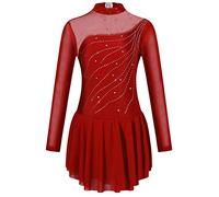 CHICTRY Kids Girls Figure Roller Ice Skating Dress Long Sleeve Mesh Spliced Sparkly Rhinestone Ballet Tutu Dress Dancewear Burgundy 11-12 Years