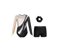 CHICTRY Kids Girls Gymnastics Leotard Rhinestone Mesh Long Sleeve Jumpsuit Tumbling Bodysuit with Dance Shorts Hair Band Set Type A Silver 9-10 Years