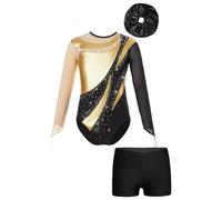 CHICTRY Kids Girls Gymnastics Leotard Rhinestone Mesh Long Sleeve Jumpsuit Tumbling Bodysuit with Dance Shorts Hair Band Set Gold&Black 11-12 Years