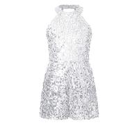 CHICTRY Kids Girls Halter Neck Sequins Dance Party Romper Sleeveless Rumba Samba Costume Dance Jumpsuit Silver 13-14 Years