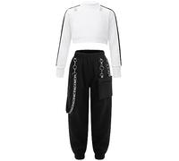 CHICTRY Kids Girls Hip Hop Jazz Street Skateboarding Dance Outfits Mesh Long Sleeve Crop Top Vest with Chain Cargo Pants Set Ivory 5-6 Years