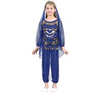 CHICTRY Kids Girls Indian Belly Dance Costume Shiny Carnival Set Halloween Arabian Princess Costume with Hip Scarf Headscarf Royal Blue 13-14 Years