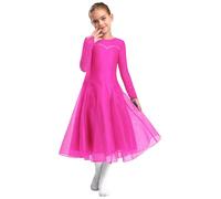 CHICTRY Kids Girls Latin Ballroom Dance Dress Professional Long Sleeve Tango Salsa Rumba Samba Dane Dress Competition Dancewear Hot Pink 13-14 Years