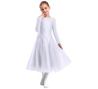 CHICTRY Kids Girls Latin Ballroom Dance Dress Professional Long Sleeve Tango Salsa Rumba Samba Dane Dress Competition Dancewear White 11-12 Years