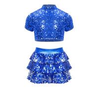CHICTRY Kids Girls Latin Jazz Hip Hop Cheerleading Dance Outfits Sequins Short Sleeve Crop Tops with Skirt Set Dancewear Blue 11-12 Years
