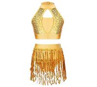 CHICTRY Kids Girls Latin Jazz Tango Samba Salsa Rumba Dance Ballroom Costume Sequins Halter Crop Top with Fringe Shorts Set Yellow 11-12 Years