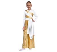 CHICTRY Kids Girls Liturgical Lyrical Praise Dance Dress Long Sleeve Worship Gown Robe & Metallic Wide Leg Pants Dancewear White 7-8 Years