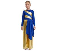 CHICTRY Kids Girls Liturgical Lyrical Praise Dance Dress Long Sleeve Worship Gown Robe & Metallic Wide Leg Pants Dancewear Blue 7-8 Years