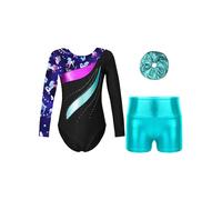 CHICTRY Kids Girls Long Sleeve Gymnastics Leotard Workout Bodysuit with Shorts 2 Pieces Set Tracksuit Tumbling Dance Outfits Type A1 Blue Green 3-4 Years