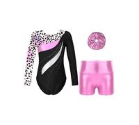 CHICTRY Kids Girls Long Sleeve Gymnastics Leotard Workout Bodysuit with Shorts 2 Pieces Set Tracksuit Tumbling Dance Outfits Type A1 Leopard 3-4 Years