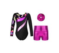 CHICTRY Kids Girls Long Sleeve Gymnastics Leotard Workout Bodysuit with Shorts 2 Pieces Set Tracksuit Tumbling Dance Outfits Type A1 Leaves 5-6 Years