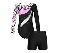 CHICTRY Kids Girls Long Sleeve Gymnastics Leotard Workout Bodysuit with Shorts 2 Pieces Set Tracksuit Tumbling Dance Outfits Leopard 7-8 Years
