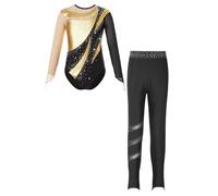 CHICTRY Kids Girls Long Sleeves Gymnastics Leotard Bodysuit with Pants Set Figure Ice Skating Competition Dance Costume Gold 7-8 Years