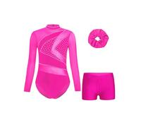 CHICTRY Kids Girls Mesh Long Sleeve Gymnastics Leotard Glittery Rhinestone Ballet Dance Unitard with Shorts Hair Band Set Hot Pink 11-12 Years