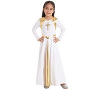 CHICTRY Kids Girls' Metallic Cross Praise Dance Dress Liturgical Lyrical Dancewear Long Sleeve Worship Dance Dress Long Gown White 10 Years
