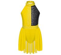 CHICTRY Kids Girls Mock Neck Rhinestone Lyrical Modren Contemporary Dance Dress Ballet Dance Leotard Wrap Skirt Dancewear Yellow&Black 11-12 Years