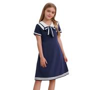 CHICTRY Kids Girls Nautical Dress Sailor Collar Short Sleeve Summer A-Line School Uniform Dress for Cosplay Size 4-16 Years Navy Blue 7-8 Years