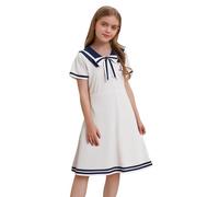 CHICTRY Kids Girls Nautical Dress Sailor Collar Short Sleeve Summer A-Line School Uniform Dress for Cosplay Size 4-16 Years White 13-14 Years