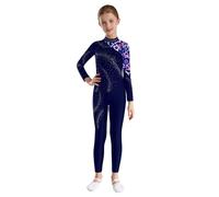 CHICTRY Kids Girls Printed Jumpsuit Shiny Rhinestone Long Sleeve Full Body Unitard Gymnastic Ballet Dance Leotard Bodysuit Navy Blue 13-14 Years