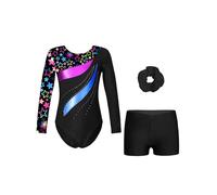 CHICTRY Kids Girls Printed Patchwork Long Sleeve Gymnastic Leotard Ballet Dance Bodysuit Matching Shorts Hair Band Set A Star Black 5-6 Years