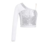 CHICTRY Kids Girls Sequins Ballet Jazz Hip Hop Disco Dance Crop Top One Shoulder Mesh Long Sleeve T-Shirt Performance Costume Silver 8 Years