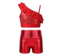 CHICTRY Kids Girls Sequins Ruffle One Shoulder Jazz Modern Ballet Dance Crop Top with Metallic Shorts Set Swimwear Dancewear Red 13-14 Years