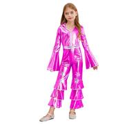 CHICTRY Kids Girls Shiny Metallic Bell Bottom Jumpsuit 70s Groovy Hippy Hippie Flare Sleeve Bodysuit Hot Pink 15-16 Years
