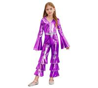 CHICTRY Kids Girls Shiny Metallic Bell Bottom Jumpsuit 70s Groovy Hippy Hippie Flare Sleeve Bodysuit Purple 5-6 Years