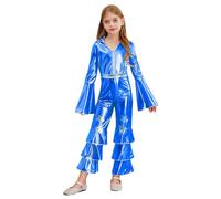 CHICTRY Kids Girls Shiny Metallic Bell Bottom Jumpsuit 70s Groovy Hippy Hippie Flare Sleeve Bodysuit Royal Blue 11-12 Years