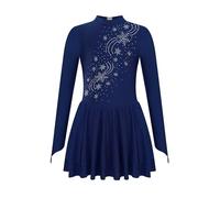 CHICTRY Kids Girls Shiny Rhinestone Long Sleeve Figure Ice Skating Leotard Dress Lyrical Jazz Contemporary Ballroom Dancewear Navy Blue 11-12 Years