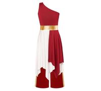 CHICTRY Kids Girls Sleeveless One Shoulder Praise Liturgical Worship Lyrical Dance Tunic Dress Robe with Wide Leg Pants Set Burgundy 5-6 Years