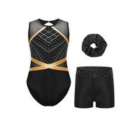 CHICTRY Kids Girls Sleeveless Sparkly Gymnastics Leotard Active Dance Unitard Biketard with Tumbling Shorts Hair Band Set Black 7-8 Years
