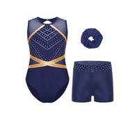 CHICTRY Kids Girls Sleeveless Sparkly Gymnastics Leotard Active Dance Unitard Biketard with Tumbling Shorts Hair Band Set Navy Blue 13-14 Years