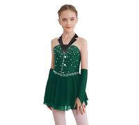 CHICTRY Kids Girls Sparkle Figure Ice Skating Dance Dress Ballet Leotard Dress with Gloves Lyrical Jazz Modern Dancewear Dark Green 9-10 Years
