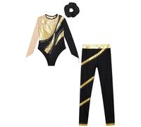 CHICTRY Kids Girls Sparkle Rhinestone Gymnastics Leotard Long Sleeve Skating Jumpsuit Dance Bodysuit with Pants Hair Band Set Gold&Black 9-10 Years