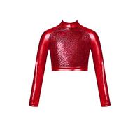 CHICTRY Kids Girls Sparkle Sequins Ballet Jazz Modern Hip Hop Dance Crop Top Turtleneck Long Sleeve Athletic Shirt Dancewear Red 8 Years
