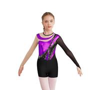 CHICTRY Kids Girls Sparkly Rhinestones Long Sleeve Gymnastics Dance Leotard Bodysuit Biketard Top with Shorts Set Swimwear Type A Purple&Black 7-8 Years