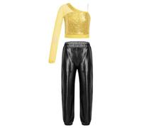 CHICTRY Kids Girls Street Hip Hop Dance Costume Mesh Long Sleeve One Shoulder Crop Top with Sparkly Metallic Harem Pants Set Gold&Black 15-16 Years