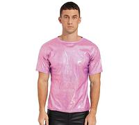 CHICTRY Men Shiny Metallic Dance Top Short Sleeve T-Shirt Night Club Music Festival Disco Costume Pink XXL