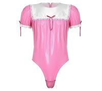 CHICTRY Men Sissy Maid Cosplay Costume PVC Leather Bodysuit Leotard with A-Line Flared Skirt Uniform Bodysuit Hot Pink A 3XL