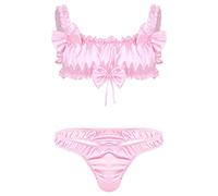 CHICTRY Men's Frilly Silky Bra French Knickers Xdress 2 Piece Sissy Lingerie Set 3# Pink M