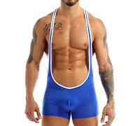 CHICTRY Men's Jockstrap Bodysuit Soft Thin Freestyle Wrestling Singlet Underwear Blue Large